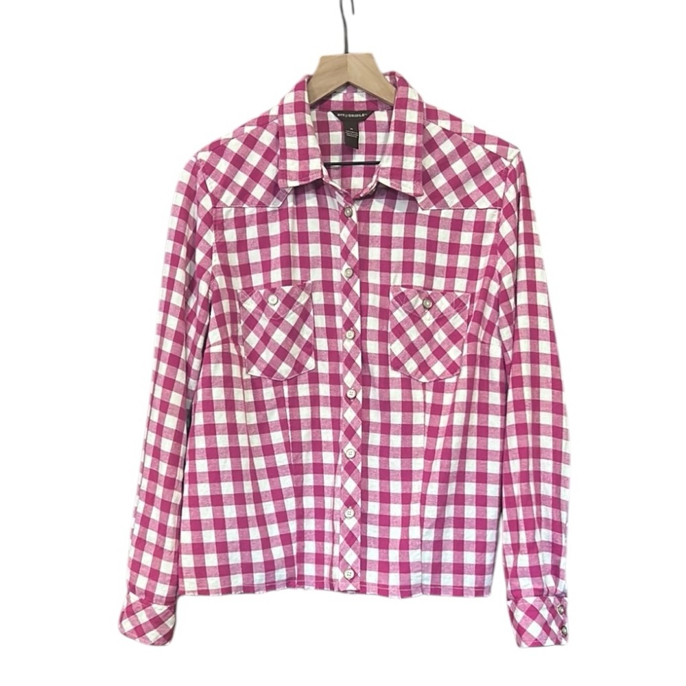 Bit & Bridle Pink Gingham Button Front Long Sleeve Top Size Medium